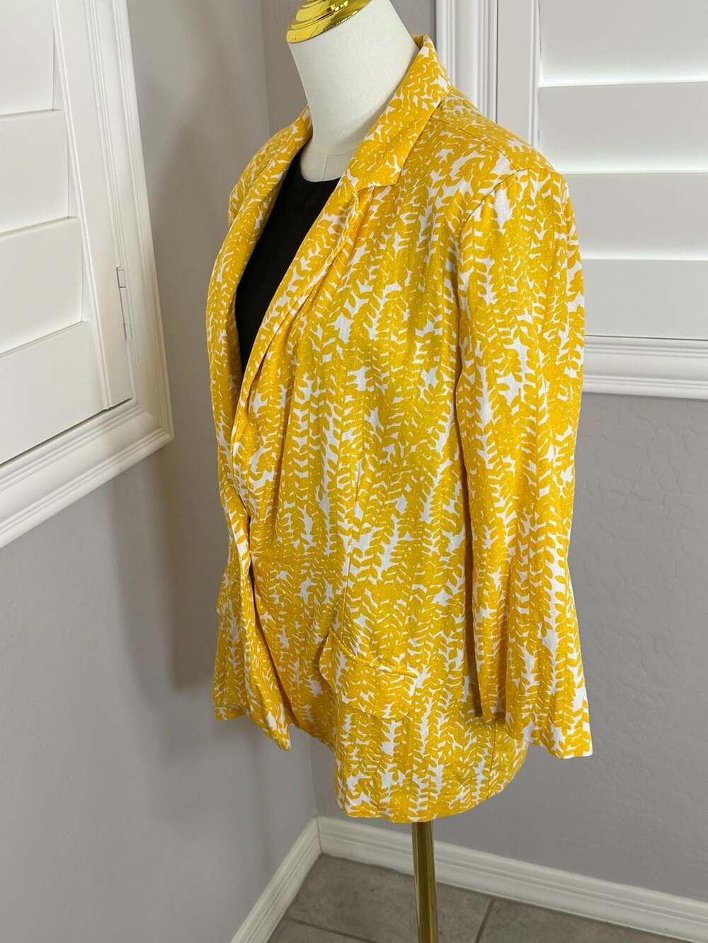 Sag Harbor Yellow White Leaf Print Linen Rayon Blazer Size XL - Picture 2 of 4